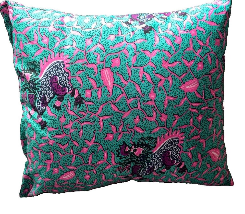 Winged Beasts Design And  Pink And Teal Batik  Square Handmade Pillow 20” X 20”